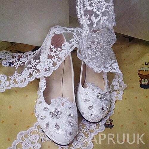 9CM high heel luxury crystal rhinestones white lace pumps shoes for woman bridal brides wedding lace plus size pumps shoes