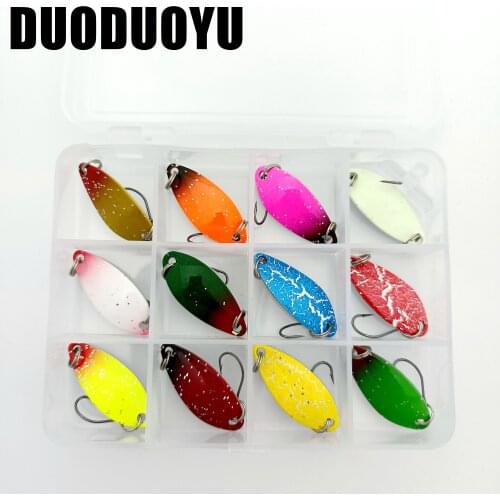 DUODUOYU 12PCS+1BOX/LOT Spinner Spoon Trout Fishing Lure Set 2.7g/32mm Colorful Bass Carp Tackle Sequins Metal Jig Fishing Gear