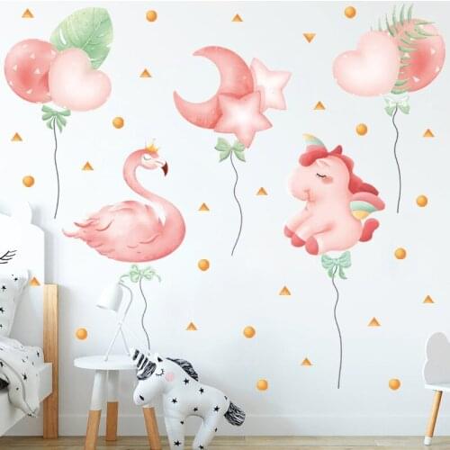 Romantic Pink Flamingo Wall Stickers for Bedroom Kids room Cartoon Unicorn Love Heart Wall Decals Self-adhesive Wall Mural Decor