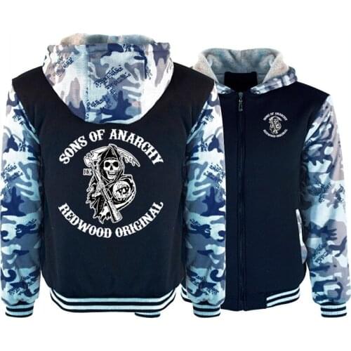 SOA Sons of Anarchy Hoodies Mens Winter fleece Thicken Warm Camouflage coat zipper Sweatshirt SAMCRO Print Mens Hoodies Jacket