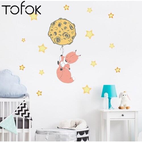 Tofok Cartoon Fox Cosmic Balloon Wall Stickers for Kids Room Kindergarten Baby room Wall Decoration Home Decor Art Decals Murals