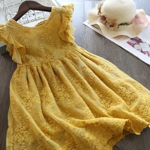 Yellow Lace Embroidery Girls Dress Summer Children Sleeveless Petals Designs Birthday Party Ball Gown Kids Wedding Vestido Cloth