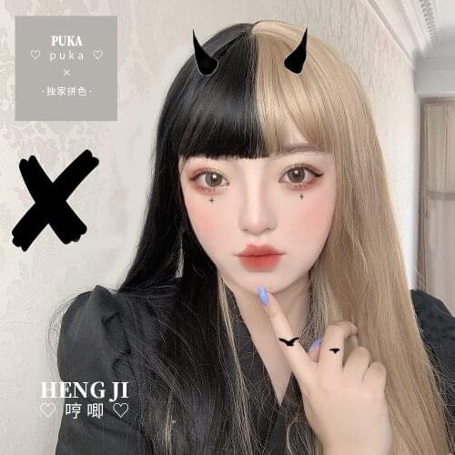 Female Long Straight Hair Net Red Color Matching Lifelike and Natural round Face Girl Lolita Girl Fake Hair Puka Lolita wig