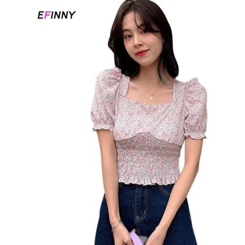 Womens Blouses Korean Style Femme Long Sleeve Chiffon Shirt Floral Print Top Femme Summer Tops Square Neck Women Clothing