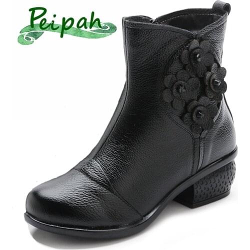 PEIPAH Genuine Leather Casual Womens Winter Boots 2020 Autumn Flower Soft Bottom Dancing Mothers Ankle Boots Ladies Footwear