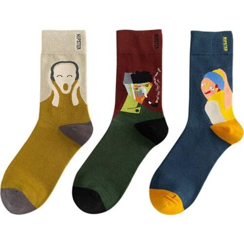 Women Autumn Winter Fashion Cotton Medium Socks Retro Literature Abstract Oil Painting Harajuku Creative Korea Men Socks