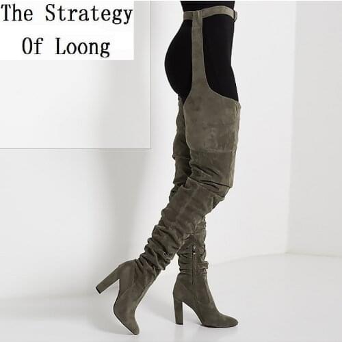 Women Pleated Flock Over The Knee Thigh High Long Boots Lady Fashion Waist Belt Thick High Heels Pointed Toe High Boots 20181113