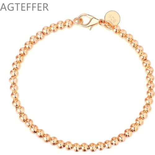 AGTEFFER 925 Sterling Silver Rose Gold Hollow 4mm Smooth Bead Chain Bracelet For Women Wedding Engagement Party Fashion Jewelry