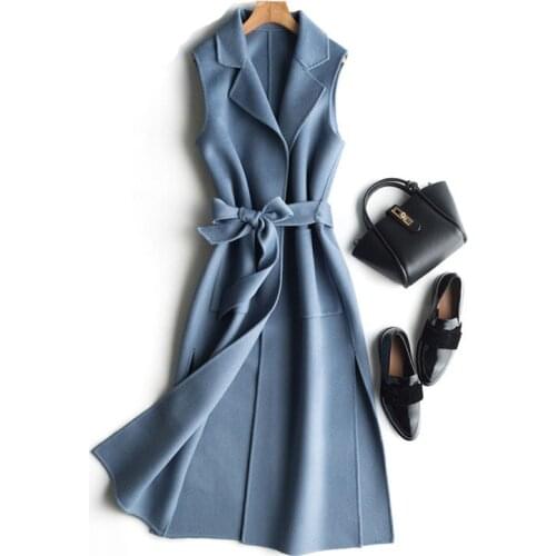 Women Autumn Winter Fur Wool Double Sided Long Suit Vest Coats Sleeveless Woolen Fashion Slim Female Sashes Jackets LJ2411