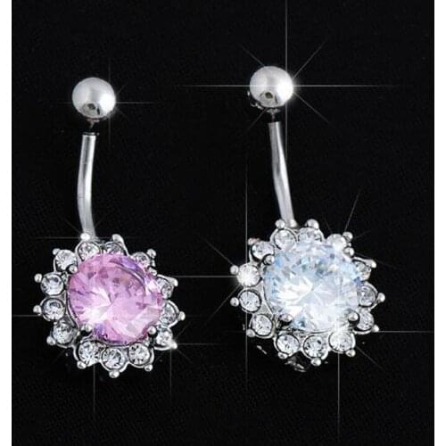 Women black/white/pink/blue Crystal Rhinestone Flower Navel Belly Button Ring Bar Body Piercing 6 color
