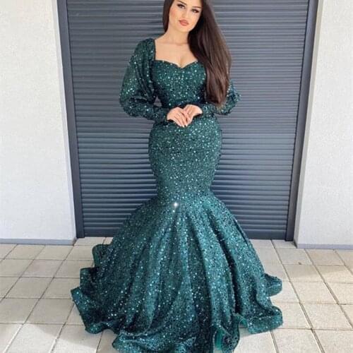 2020 Green Mermaid Evening Dress Boat Neck Long Sleeves Sexy Evening Gown vestido de noche LE40765