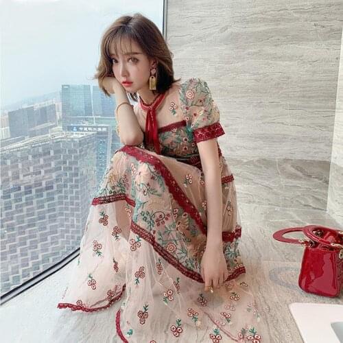 Runway Flower Embroidery Dress Women Short Sleeve O-Neck Bow lace-up Vintage Mesh Dress Female Patchwork Lace Trims Floral Dress