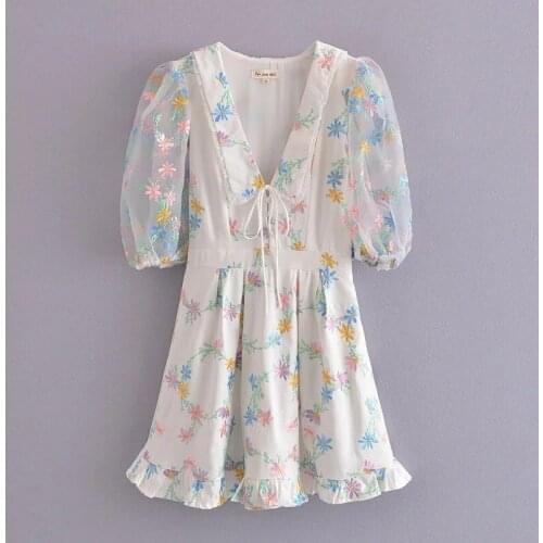 2020 Women Fashion Sexy Mini Dress ,flower Printed Vestido Sexy V-neck Hollow Out Dresses for Women Holiday Dress