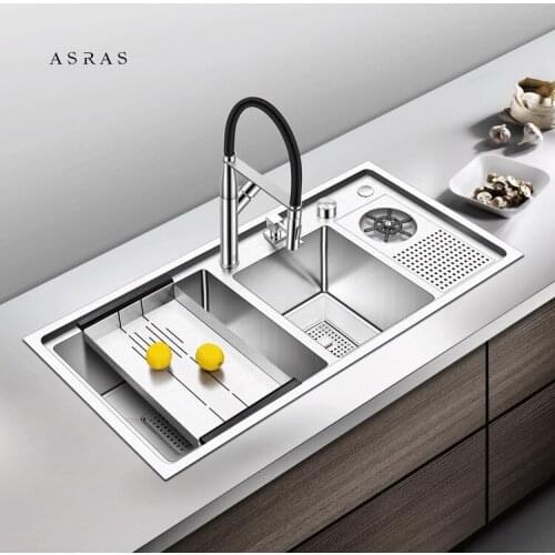 ASRAS 9045 MD SUS304 Stainless Steel Kitchen Hand-crafted Sink Double Sink Washbasin Set With Cup Washer