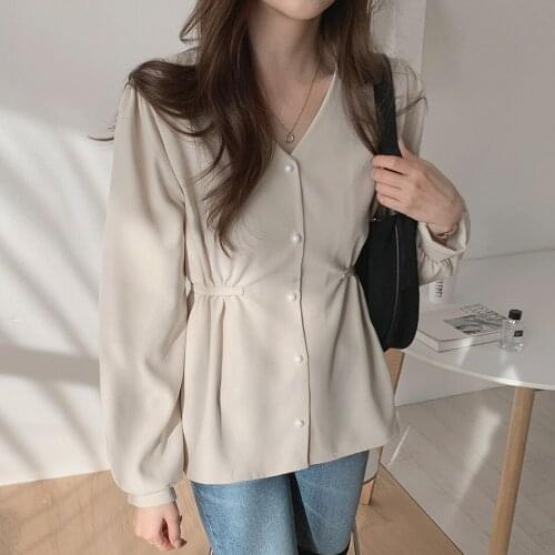 Shintimes Back Sashes V-Neck Button Blouse Women Korean Fashion Clothes 2021 Winter Tops Long Sleeve Woman Shirt Chemisier Femme
