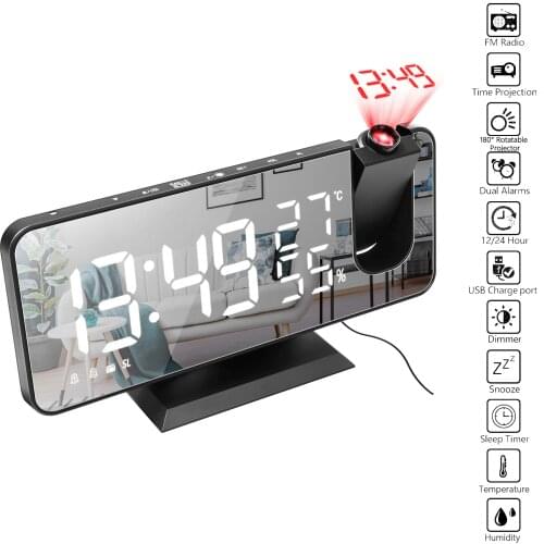 Alarm Clock Digital Table Clock with Projection Snooze FM Radio LED Clock Projector Temperature Humidity Electronic Desk Clocks
