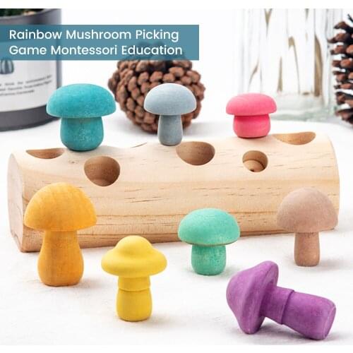 Wooden Mushroom Rainbow Blocks Picking Game Montessori Educational Wooden Baby Toys Developmental Shape Matching Assembly Grasp