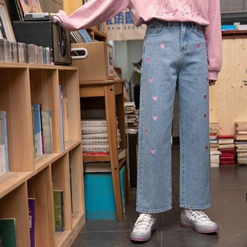 Women High Waist Wide Leg Jeans Pants Harajuku Cute Heart Embroidery Denim Pants Korean Style Autumn Femme Roll Up Loose Jeans