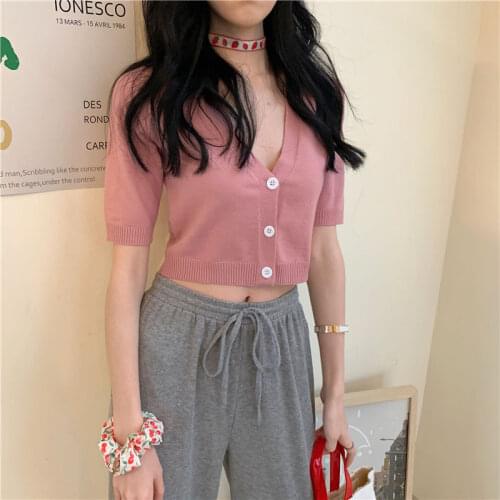 Woman TShirts Candy Color V-neck Short T-shirt Female Summer Knitted Short-Sleeved Shirt Crop Top Mujer Camisetas