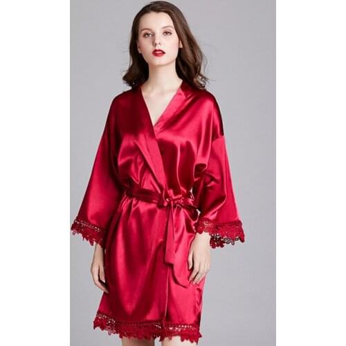 Women Short Satin Robe Printed Floral Nightgown Sexy Kimono Sleepwear Dressing Gown Hollow Out Flower Brides Bridesmaid Wedding