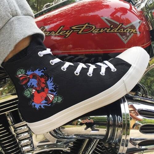 Wen Design Koi Fish Cyprinus Carpio Canvas Black Shoes for Women High Top Men Sneakers Rope Soled Plimsolls Skateboarding Shoes