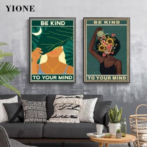 Art Black Woman with Flowers Leaf Canvas Posters Wall Painting Be Kind To Your Mind Quote Print Pictures for Girl Room Decor