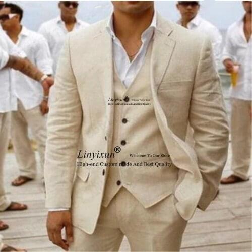 2021 Suit Men Linen Beige Beach Wedding Suits for Men Casual Man Blazer Custom Groom Tuxedo Jacket Pants Set Mens Suits 3 Pieces