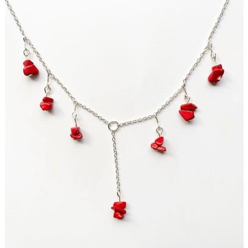 Dyed Red Stone Beads Long Pendant Necklace Silver-color Chain Shell Beads Pendant Jewelry Link Chain Necklace Wholesale Dropship
