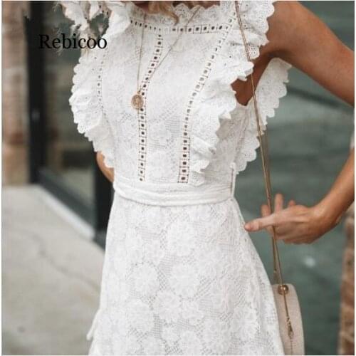 Summer Dress Women Sexy Flare Sleeve Lace Crochet Hollow Out Party Mini Dress Bohemian Beach Holiday Vestidos Plus Size