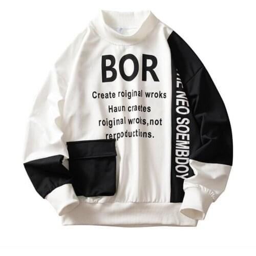 2020 Autumn New Letter Print Sweatshirt Men High Street Hoodie Fashion Patchwork Sweatshirts with Pocket Male O-Neck Casual Top