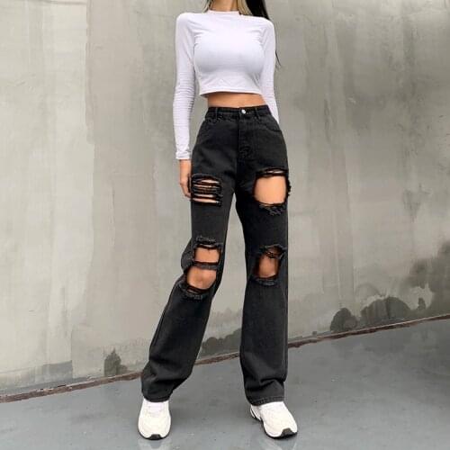 Bola New European American Womens Trousers 2021 Spring Casual Hipster Sexy Hole Rough Edges Show Thin Denim Trousers