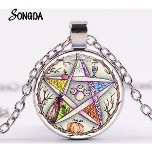 Supernatural Esoteric Pentagram Necklace Tree of Life Triple Moon Wicca Star Glass Gem Pendant 4 Colors Long Chain Amulet