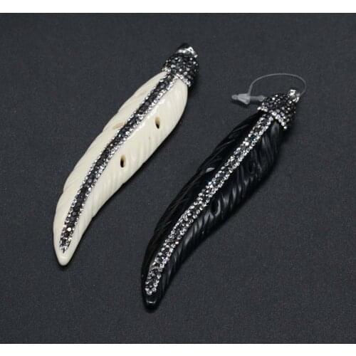 Ox Bone Pendant Inlaid crystal Leaf shape Black and white lovers for Jewelry Making DIY Necklace Bracelets 20x90mm