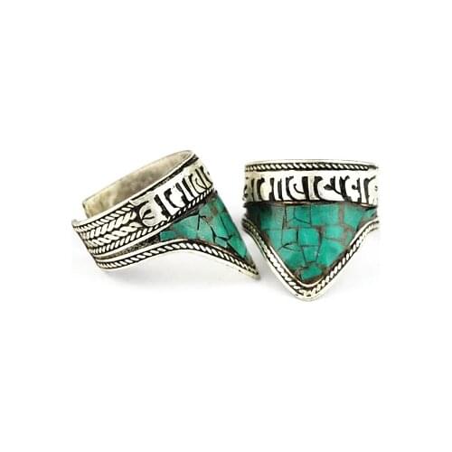 R041 Tibetan Mantras Amulet Rings for Man Copper Inlaid Stone Triangle Open Ring