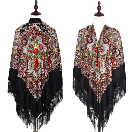 160*160cm Russian Fringed Square Scarf For Women Retro Floral Pattern National Scarves Hijab Head Wraps Beach Travel Shawl