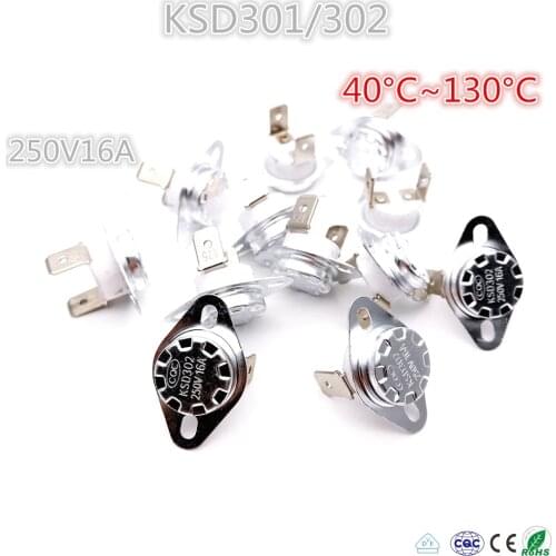 20Pcs KSD301/302 45/50/55/60/65/70/75/80/85/90/92~130 degrees Celsius Temperature Controlled Switch Ceramics Thermostat 250V 16A