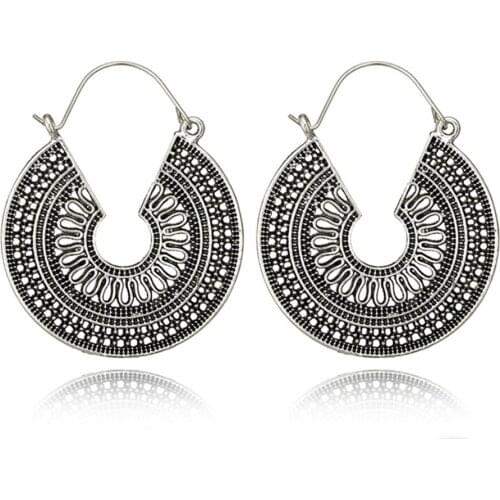 Vintage Antique Gold Black Silver Color Flower Metal Hoop Earrings Punk Alloy Earring Brincos For Women Jewelry