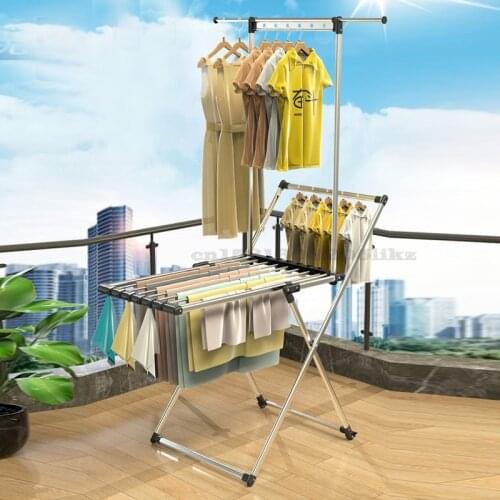 X-shaped Folding Drying Rack Household Floor-standing Aluminum Alloy Drying Clothes Quilt Rack Balcony Drying Rack with Wheels