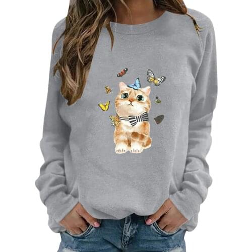 Women Casual Long Sleeve Round Neck Lovely Cartoon Cat T-shirt Solid Color Blouse Top Daily All-match Lovely Girls T-shirt Top