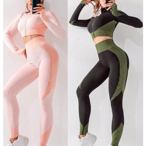 Newly Womens 2-Piece Yoga Sports Suit Long Sleeve Front Zip High Top & Waist Seamless Leggings Quick Dry S-L