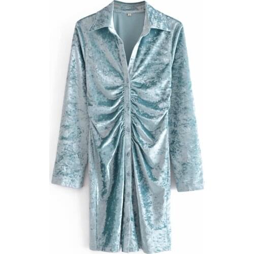 New Velvet Shirt Dress Women Long Sleeves Elegant Casual Chic Lady Short Draped Prom Dress Woman Robe Femme
