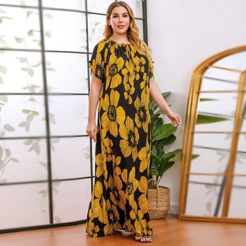 2021 Summer Fashion Flower Maxi Dresses Women Plus Size Casual O-neck Short Sleeve Vintage Elegant Femme Dress