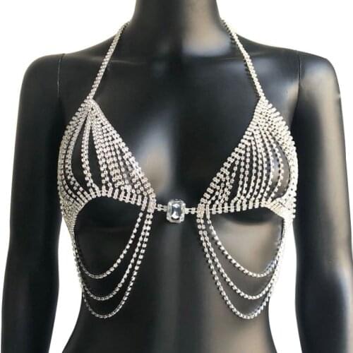 Women Luxury Bikini Body Chain Bling Rhinestone Crystal Tassel Chain Sexy Bra and Thong Set Underwear Body Jewelry Accessories