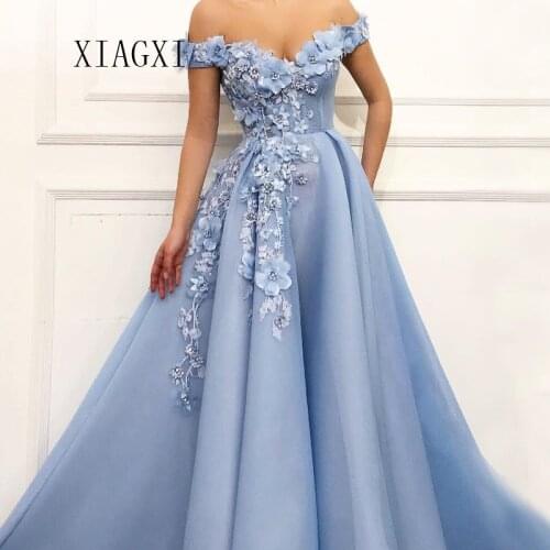 Vestidos Sky Blue Evening Dress 2020 A-Line Off The Shoulder 3D Flower Long Evening Dresses Appliques Long Prom Dress Gowns