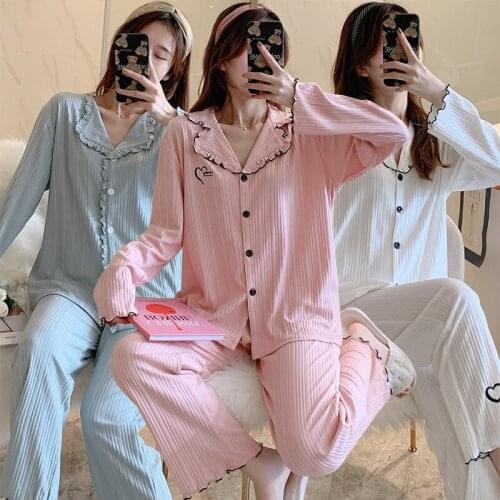 2021 Autumn Winter Long Sleeve Cotton Pajama Sets for Women Korean Cute Sleepwear Suit Pyjama Homewear Pijama Mujer Home Clothes