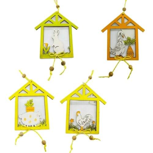 4pcs/set Wooden House Bunny Duck Sheep Hanging Pendant Ornaments Easter Decorations DIY Handcraft Home Party Decor