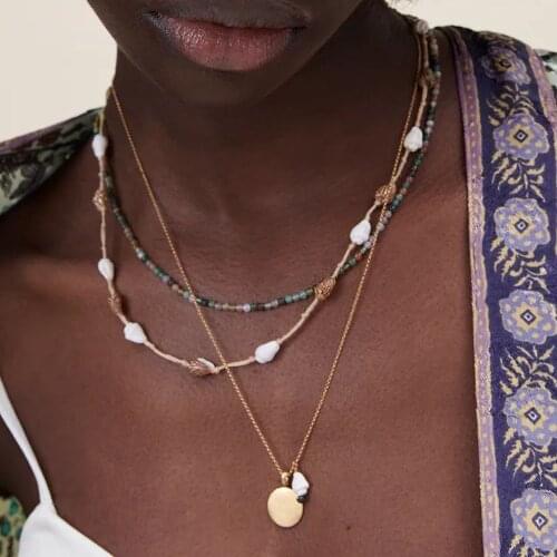 Bohemia PACK of 3 Pieces 2021 Natural Shell And Stone Beaded Necklace Handmade Stainless Steel Chain Real Pearl Pendant Necklace