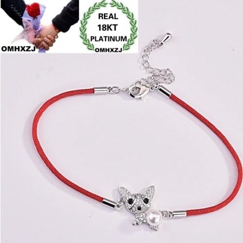 OMHXZJ Wholesale European Fashion Woman Party Birthday Wedding Gift Dog Pearl Zircon 18KT White Gold Red Thread Bracelet BA118