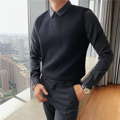 Plus Size 4XL-M Autumn Winter Business Formal Wear Sweater Men Clothes Simple Slim Fit Fake-2Pieces Casual Pullovers Pull Homme