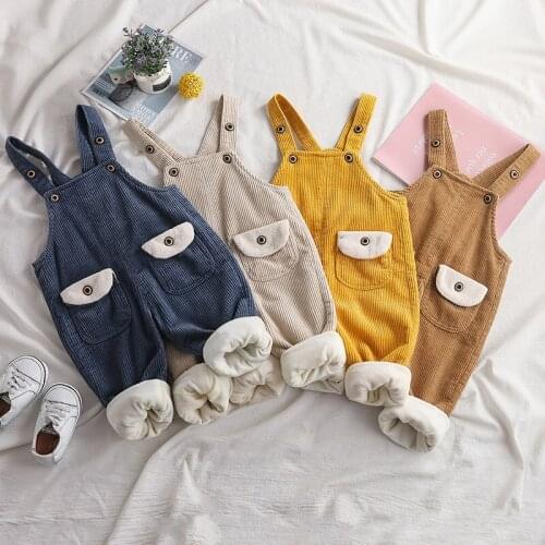 Childrens Clothing Baby Kids Thicken Overalls Autumn Winter Korean Solid Loose Plus Velvet Corduroy Jumpsuits for Boy 1 2 3 4 Y
